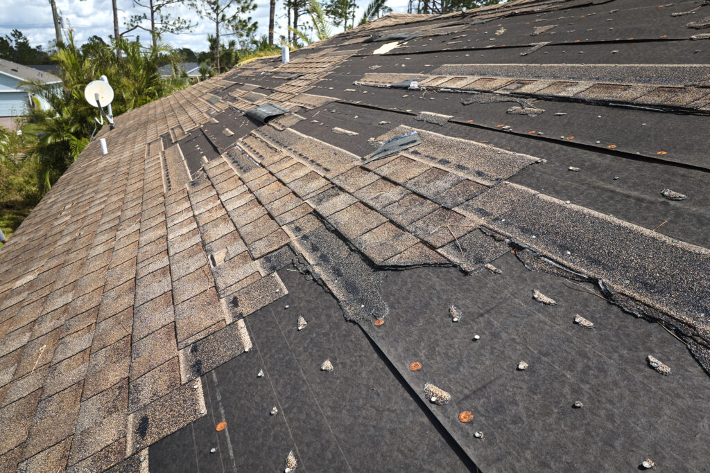 Damaged roof with missing and torn shingles, exposing black underlayment. Nearby are some trees and a satellite dish.