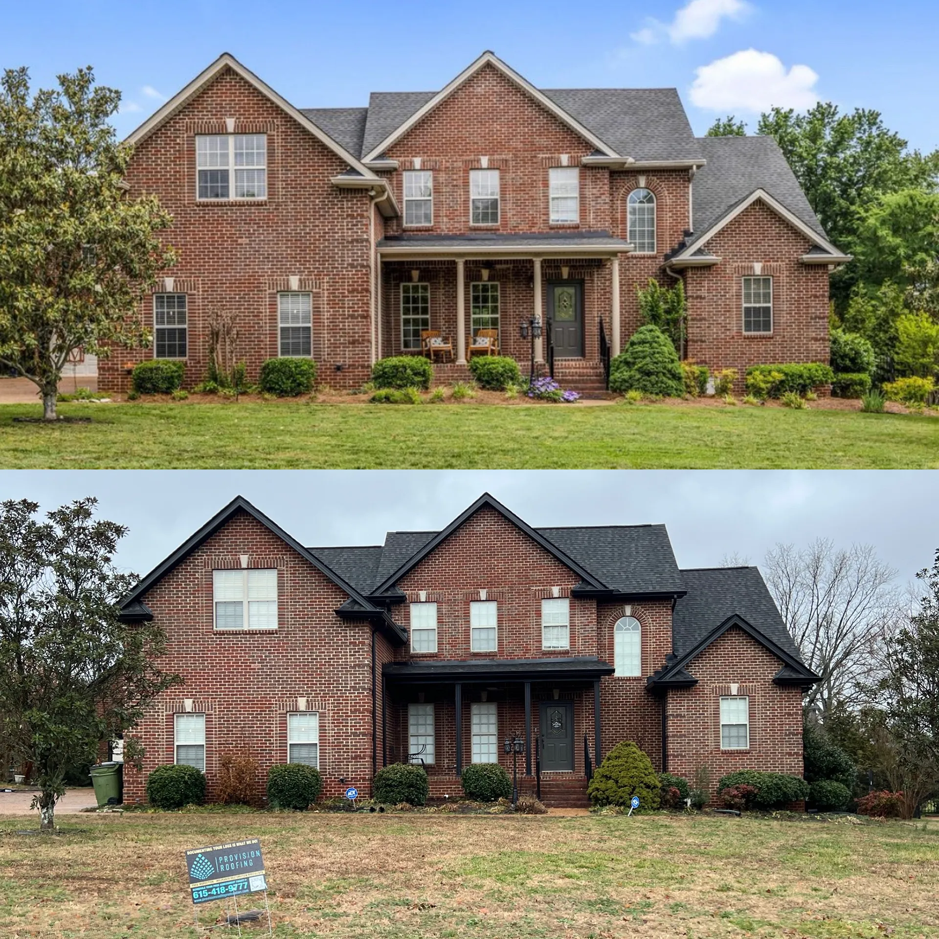 Two similar large red-brick houses with white trim and shrubbery in front. The top image shows a house with green grass, while the bottom has brown grass and a sign in the yard.