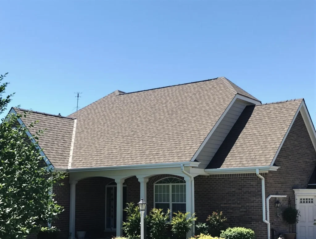 A house with brown shingle roofing, brick exterior, white trim, and a covered front porch under a clear blue sky.