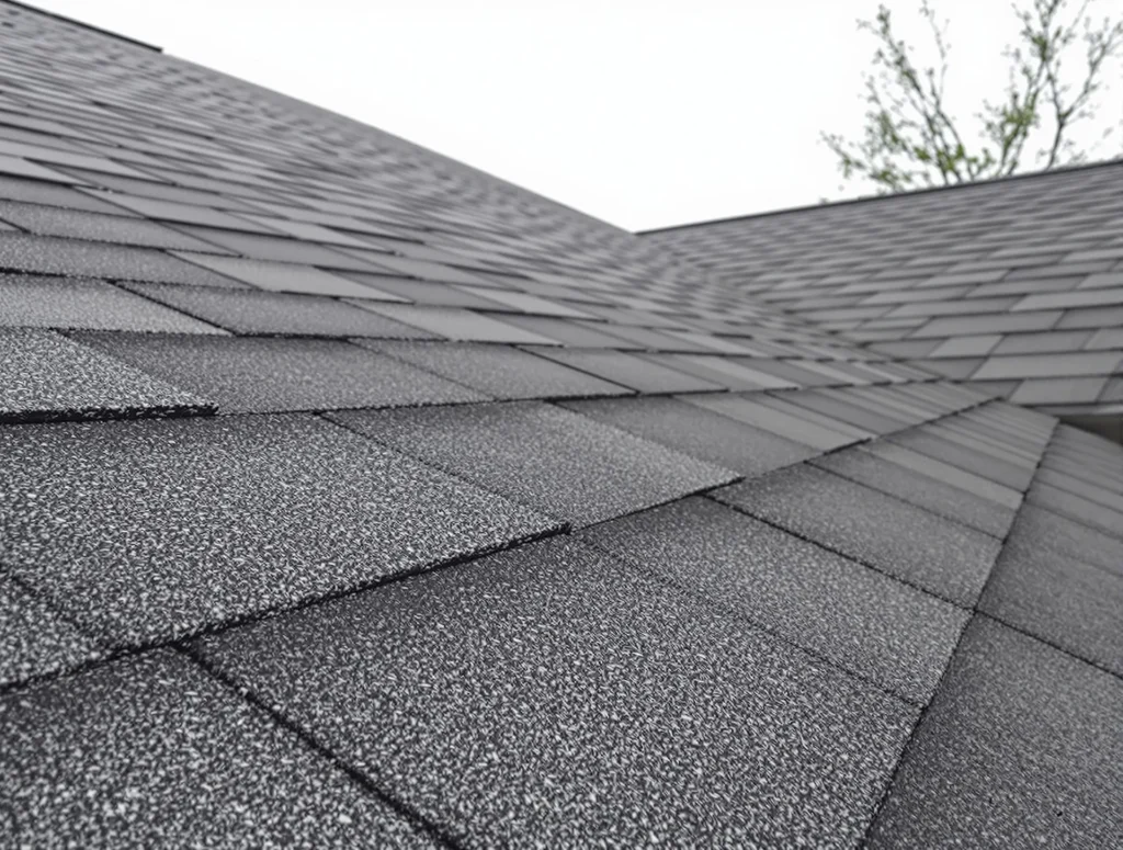 Close-up view of gray asphalt roof shingles on a sloped rooftop, with part of a tree visible in the upper right corner against a cloudy sky.